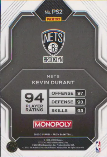 Vista 2 de 2022-23 Panini Prizm Monopoly Skills #PS2 Kevin Durant Brooklyn Nets NBA Basketball Trading Card