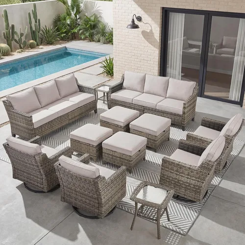 Vista 55 de Belord Sofá de patio exterior acolchado de 3 asientos de lujo de 6 pulgadas Cojín de mimbre marrón/beige de 6 pulgadas