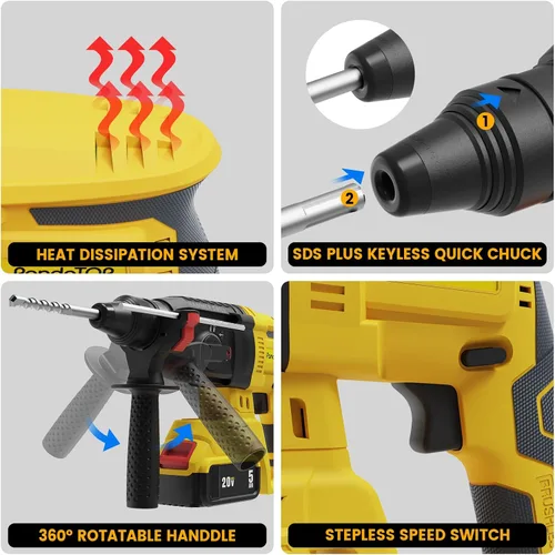 Vista 6 de SDS Plus - Taladro de martillo giratorio inalámbrico para batería Dewalt de 20 V máximo, taladro martillo de 20 V sin escobillas