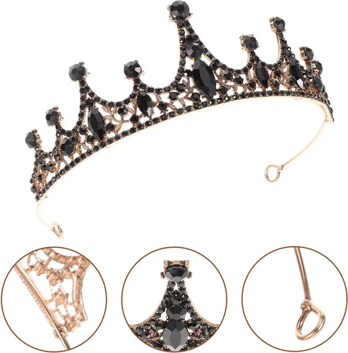 Vista 8 de Lurrose Tiara barroca de corona de reina para novia, diamantes de imitación negros, disfraz barroco de Halloween, baile de graduación, tiara