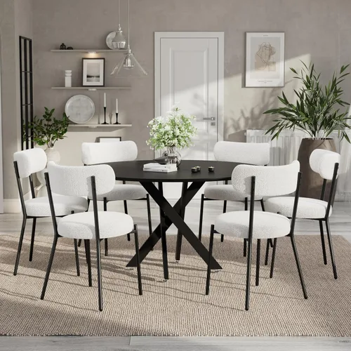 Vista 18 de Moderno juego de mesa de comedor redonda de 3 piezas, mesa de MDF circular negra y 2 sillas de comedor negras Boucle, muebles de cocina con marco