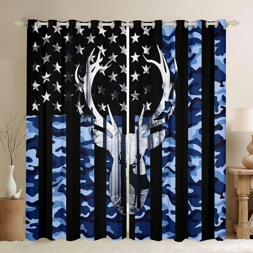 Vista 12 de Cortinas opacas de camuflaje con bandera estadounidense, regalo para niños, cortina de ventana de camuflaje verde con rayas negras, estrellas