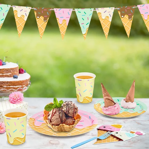 Vista 3 de DYLIVeS 132 piezas de suministros para fiesta de cumpleaños de helado, juego de vajilla desechable para decoración de mesa de fiesta para niña