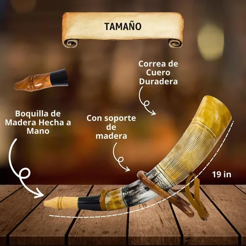 Vista 2 de Cuerno vikingo de soplado Trompeta de cuerno de buey genuina Herramienta de caza de cornetas vikingas con soporte de madera Ideal