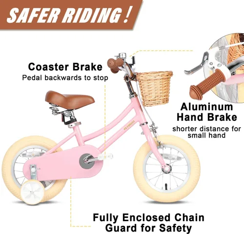 Vista 3 de Petimini Bicicleta para niñas con cesta para niños de 2 a 12 años, 12, 14, 16, 18, 20 pulgadas, con campana y ruedas de entrenamiento, varios