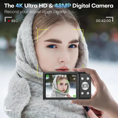 Vista 2 de Cámara digital 4K 48MP 16X Zoom con tarjeta de 32GB (negro) Cámara de vlogging de enfoque automático, antivibración, disparo de punto compacto
