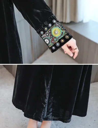 Vista 7 de Omoone Gabardina larga bordada de terciopelo vintage para mujer
