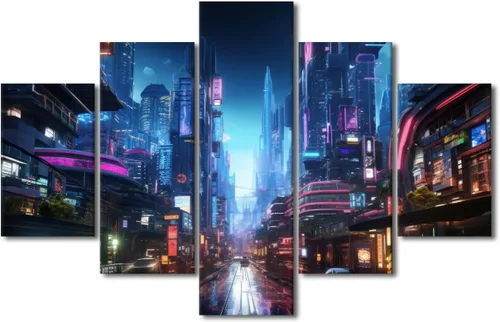 Vista 47 de Póster de 5 paneles en lienzo para decoración de pared, diseño de centro urbano Cyberpunk, impresión moderna, decoración de pared para el hogar
