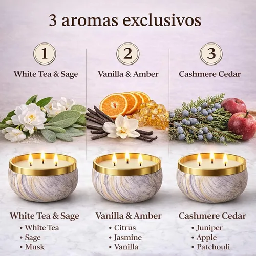 Vista 3 de YMing Juego de 3 velas de regalo de 3 mechas, 14 onzas cada una, velas perfumadas para el hogar, té blanco y salvia, vainilla y ámbar, cedro