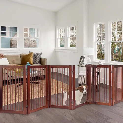 Vista 6 de PETSITE Puerta para perros configurable independiente con puerta de paso, 4 paneles de 88 pulgadas de ancho y 36 pulgadas de alto, puerta de madera