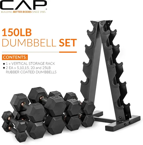 Vista 2 de CAP Barbell Juego de Mancuernas Hexagonales Recubiertas de 150 libras con Mango de Cobre y Soporte Vertical