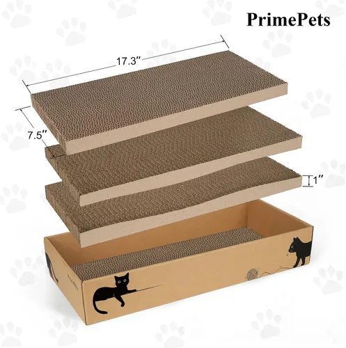 Vista 3 de PrimePets Paquete de 3 rascadores de cartón para gatos con caja, almohadillas grandes reversibles de 17.3 pulgadas para gatos de interior, tablero