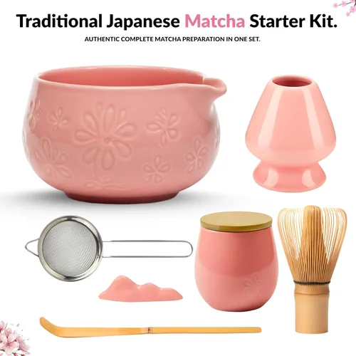 Vista 7 de Juego de batidor Matcha – Kit de inicio de matcha tradicional japonés con cuenco, batidor de bambú y tamiz Juego completo de ceremonia de té Rosa