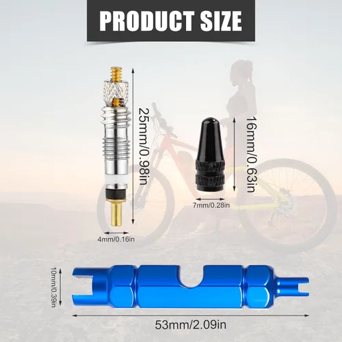 Vista 2 de 10 piezas de núcleo de válvula para Presta, repuesto de bicicleta de núcleo de válvula sin cámara con herramienta de desmontaje de núcleo de válvula