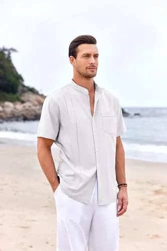 Vista 5 de Ryannology Guayabera - Camisas de lino de manga corta con botones para hombre, estilo casual, playa, campamento cubano, camisa mexicana para hombre