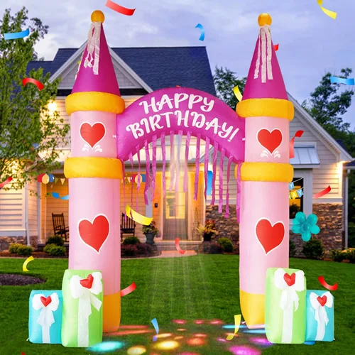 Vista 10 de Pastel inflable de feliz cumpleaños de 6 pies con velas, luces LED integradas, adecuado para decoración de césped en interiores y exteriores