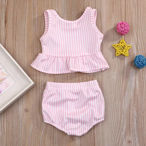 Vista 3 de YOUNGER TREE Traje de baño de verano para niñas pequeñas, sin mangas, traje de baño a rayas, traje de dos piezas, bikini