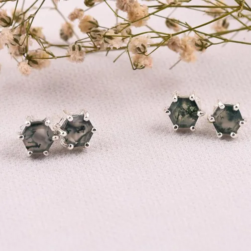 Vista 7 de Hexagon Cut moss agate studs, Natural moss agate earring, moss agate earring, nature earrings, 925 sterling silver stud,moss jewelry Free Ship