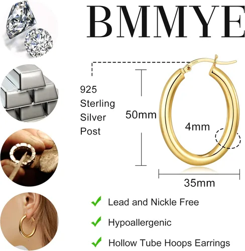 Vista 4 de BMMYE Aretes de aro de plata de ley para mujer, aretes de aro ovalados, ligeros, dorados, gruesos, hipoalergénicos, doradosplateados, para mujer