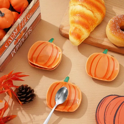 Vista 4 de Whaline 4 piezas de soporte para cucharas de cerámica de calabaza, platos de salsa de calabaza Shpaed, plato de café de Acción de Gracias, plato