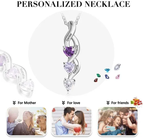 Vista 3 de Tian Zhi Jiao Collar personalizado de plata de ley para madres con 3 piedras natales de imitación grabadas, 3 nombres de niños, personalizado, dije