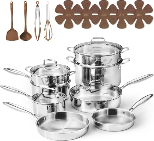 Vista 10 de CAROTE Juego de utensilios de cocina de acero inoxidable de tres capas, juego de ollas y sartenes, juego de cocina de inducción no tóxica, colección