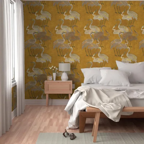 Vista 5 de Spoonflower Papel tapiz para despegar y pegar - Grúas Art Deco Golden Birds Gold Oriental Texture Silver Papel pintado extraíble personalizado