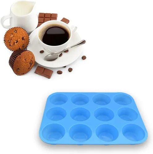 Vista 3 de homEdge Molde de silicona para magdalenas de 12 tazas, paquete de 2 moldes antiadherentes para magdalenas, tartas, bocados de huevo, color azul