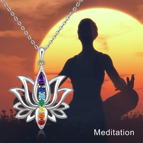 Vista 5 de Jewlikee Collar de 7 chakras colgante de loto plata de ley para yoga chakras piedra curativa collares para mujer equilibrio energético Plata