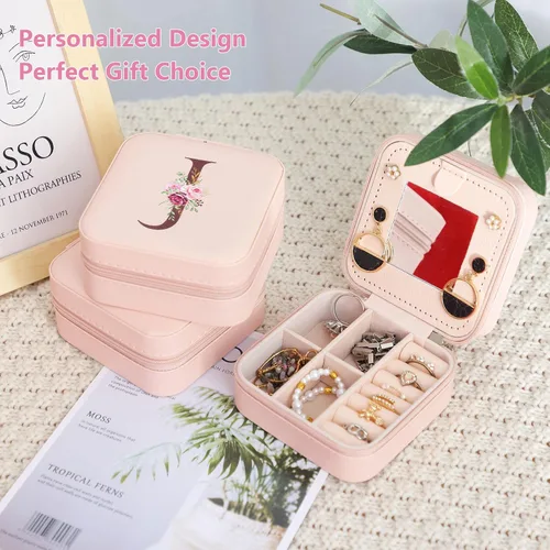 Vista 7 de FUNARTY Joyero de viaje con espejo para mujeres y niñas, estuche organizador de joyas, estuche organizador de cumpleaños, regalos de Navidad