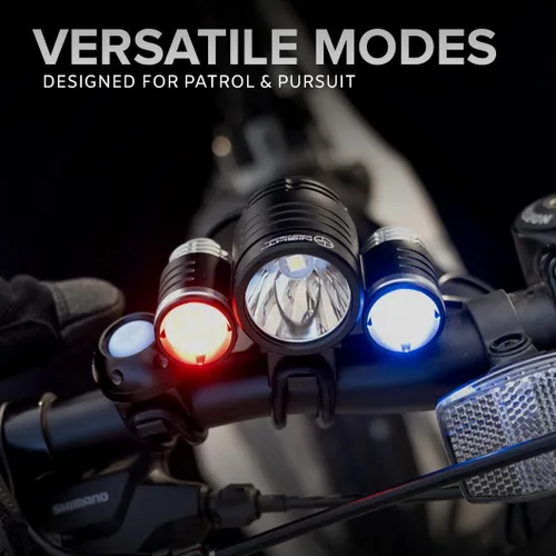 Vista 3 de PS1200 Luz delantera y OPTIKS 210 trasera para bicicleta de policía, luz estroboscópica roja/azul, recargable, resistente al agua, 5 modos