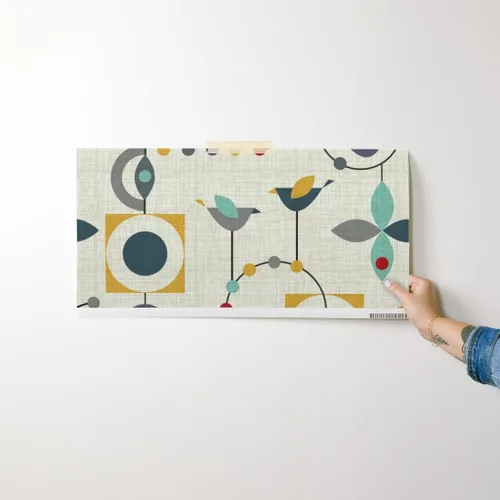 Vista 7 de Muestras de papel tapiz para despegar y pegar, diseño de pájaros de mediados de siglo, círculos abstractos modernos de los años 50, papel tapiz