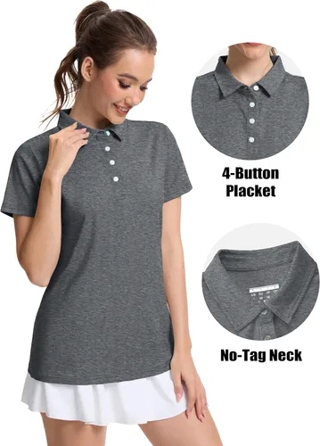 Vista 3 de MAGCOMSEN Camisas polo de manga corta para mujer, de secado rápido, camisetas de golf con cuello para trabajo, casual, 4 botones