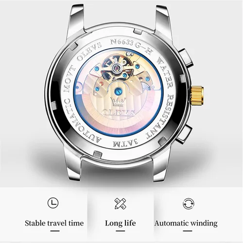 Vista 4 de OLEVS Reloj automático de lujo sin batería reloj de pulsera mecánico impermeable de acero inoxidable Tourbillon esqueleto de pulsera ajustable