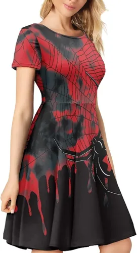 Vista 4 de Amzprint Disfraz de Halloween de calavera de azúcar y esqueleto con huesos cruzados de rosa, elegante, casual, minivestido acampanado para fiesta