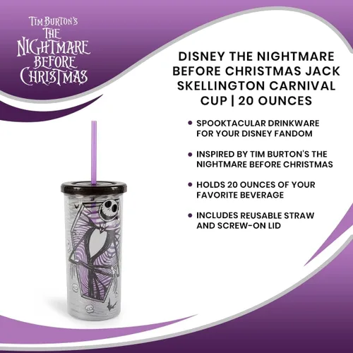 Vista 6 de Nightmare Before Christmas - Vaso de acrílico para carnaval de Disney The Jack Skellington de 20 onzas con popote reutilizable y tapa a prueba