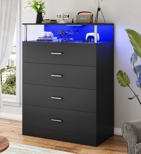 Vista 12 de AOGLLATI Cómoda blanca para dormitorio con diseño de columna, cómoda de 4 cajones con estación de carga, cómoda moderna led alta para dormitorio