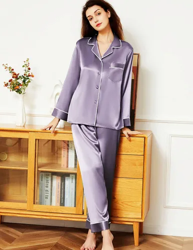 Vista 2 de Conjunto de pijama de satén para mujer, camisa de manga larga con botones y pantalón largo