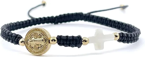 Vista 5 de Hand-Woven Thread Bracelet for Women with St. Benedict Medal and Small Nacre Cross - Adjustable Size and Perfect for Women