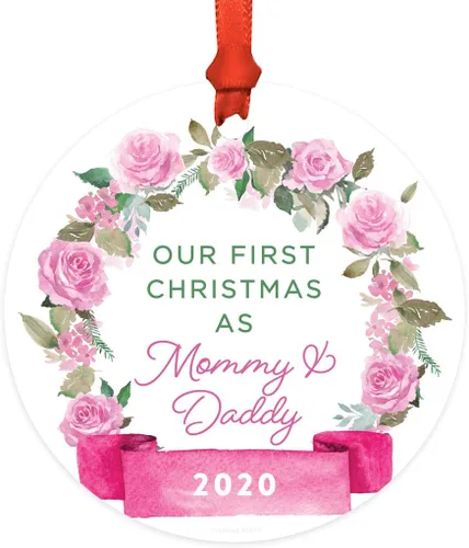 Vista 27 de Andaz Press Adorno de Navidad de madera grabado con láser para aniversario de boda, 1 año juntos, Navidad 2025, pancarta de flores rosas, 1 paquete