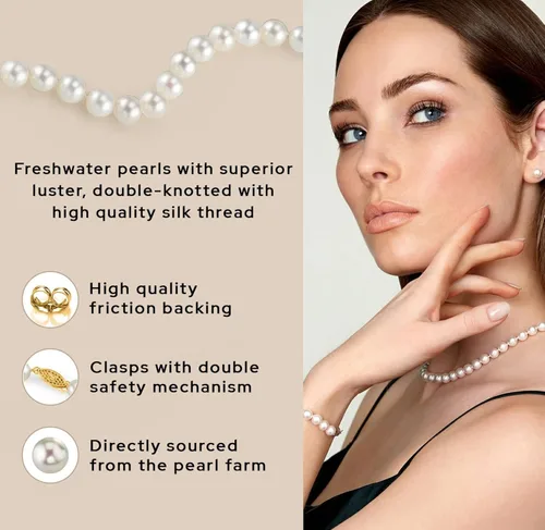 Vista 5 de The Pearl Source Juego de joyas de perlas de oro de 14 quilates para mujer, juego de collar y aretes de perlas de agua dulce con pulsera de perlas