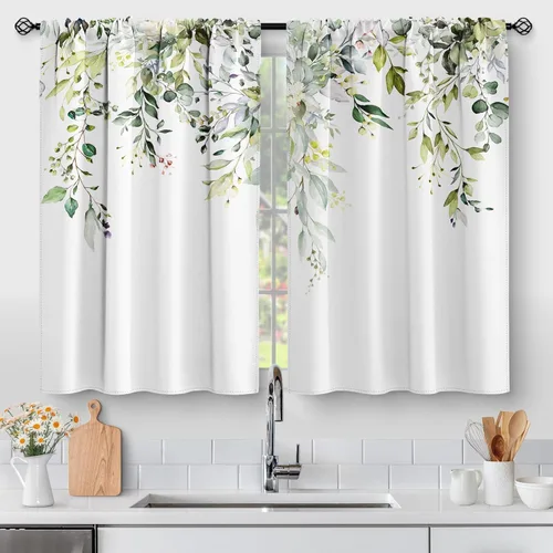 Vista 29 de Aimego Cortinas de Cocina de Eucalipto Primaveral - Hojas de Plantas de Acuarela Floral Azul con Cortinas de Nivel Botánico Floral para Cafetería