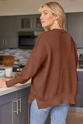 Vista 38 de Lillusory - Suéter extragrande con mangas de murciélago y cuello redondo para mujer, prenda moderna de otoño de tejido de punto sin botones