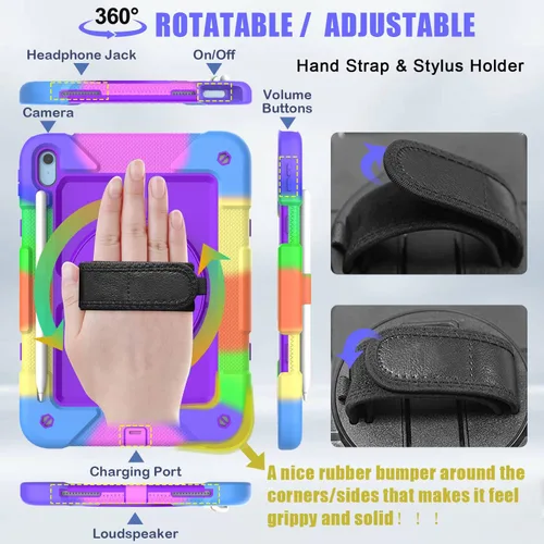 Vista 2 de Funda para iPad de 10.9 pulgadas 2022, duradera, ligera, a prueba de golpes, con soporte para lápices, soporte giratorio de 360º, correa
