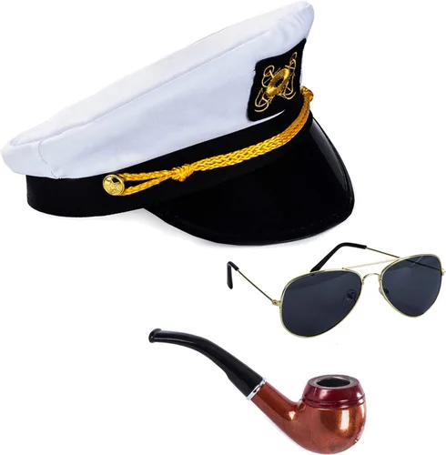 Vista 13 de Tigerdoe Sombrero de capitán de yate, sombrero de marinero y gafas de sol de aviador, disfraz de marinero