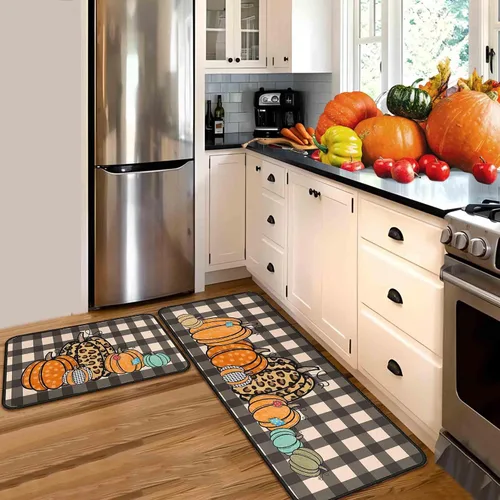 Vista 3 de Juego de 2 alfombras y tapetes de cocina de otoño, alfombras de cocina de Acción de Gracias, con respaldo antideslizante, decoraciones de otoño