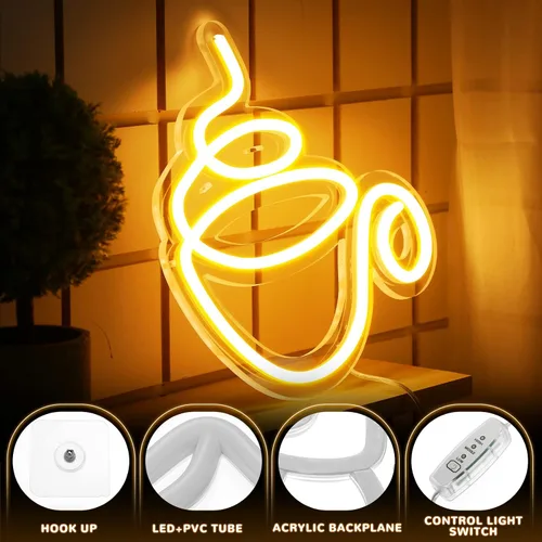 Vista 3 de Kathfly - Letrero de neón para cafetería, decoración de pared LED para cafetería, café Modern Coffee Light Design, White Glow Pub Party