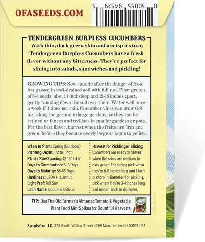 Vista 4 de The Old Farmer's Almanac Heirloom Tendergreen - Semillas de pepino sin eructos – Premium sin OMG, polinizado abierto, reliquia, origen