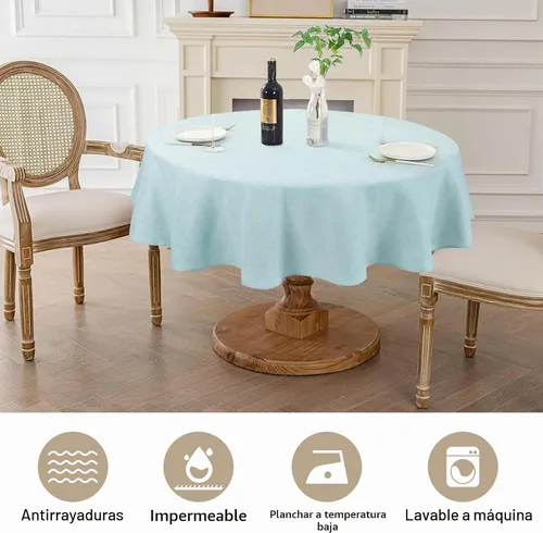 Vista 2 de AUSSPVOCT Mantel redondo de lino texturizado de 60 pulgadas para mesas de hasta 40 pulgadas, mantel redondo impermeable y a prueba de derrames