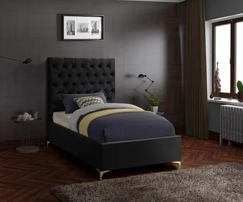 Vista 2 de Meridian Furniture Colección moderna Cruz Cama tapizada de terciopelo contemporánea con acolchonamiento de botones profundos y juegos completos